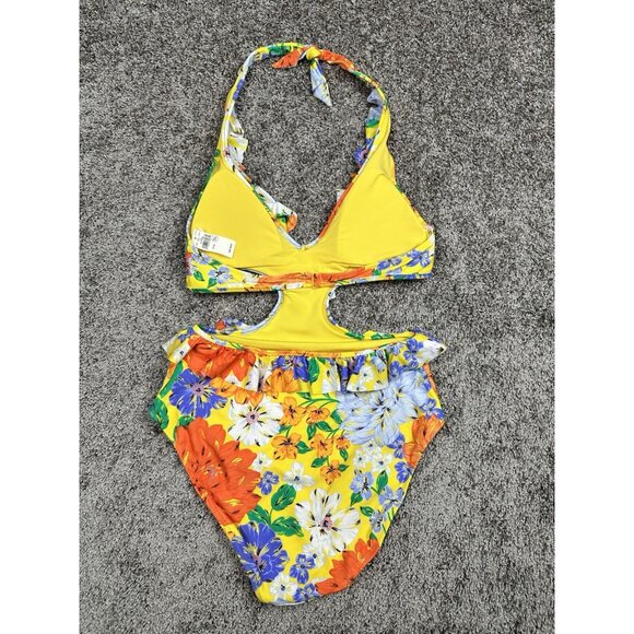 Aerie Cut Out One Piece Swimsuit M Yellow Floral Monokini Halter NWT - Picture 3 of 10